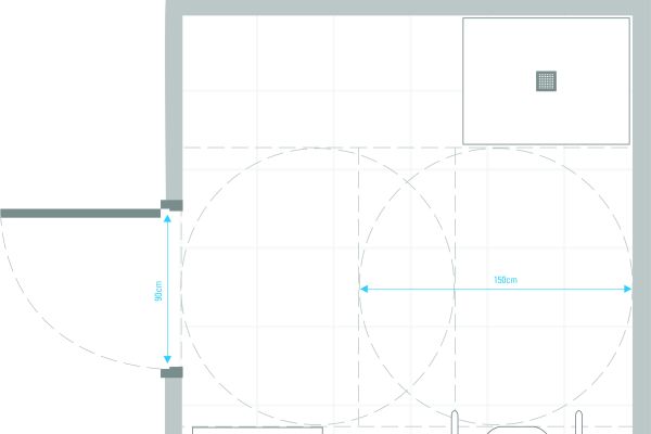 Exemplarischer Grundriss rollstuhlgerechtes Bad. 