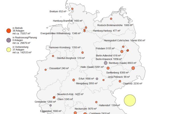 Die Deutschlandkarte zeigt, wo sich überall Solarthermieanlagen befinden.