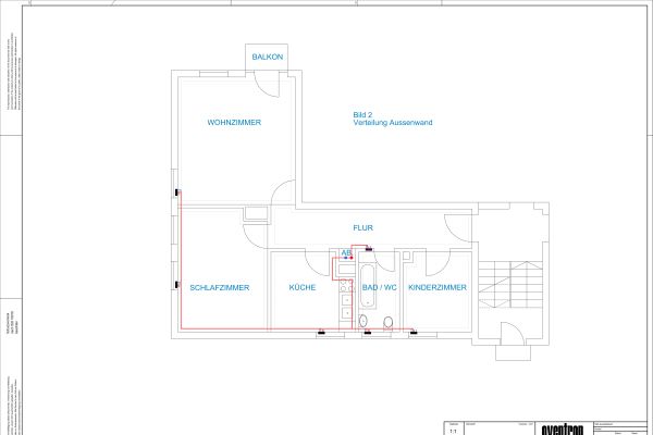 Grundriss der Fußbodenheizung mit Wohnungsverteilung an der Außenwand (Abb.1).