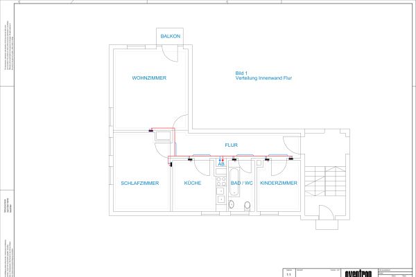 Grundriss einer Fußbodenheizung mit Wohnungsverteilung an der Innenwand (Abb. 2).