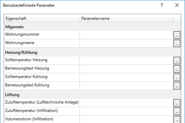 Screenshot der Konfiguration benutzerdefinierter Parameter für die Gebäudeanalyse.