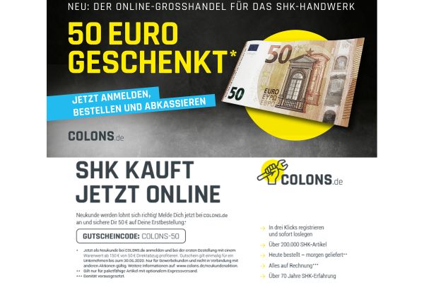 Screenshot einer Unterseite von colons.de, die eine 50 Euro-Gutschein-Aktion zeigt.