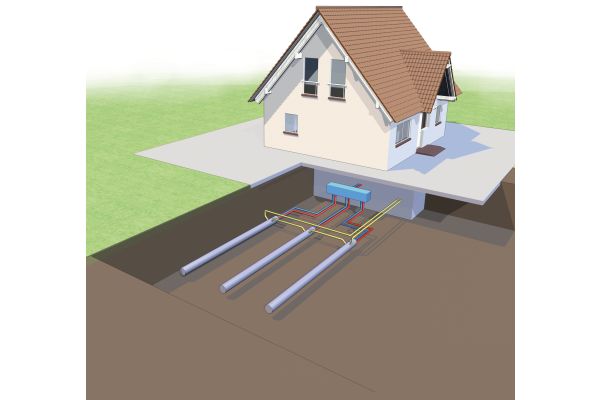 Die Grafik zeigt, wie eine Wärmepumpeninstallation mit Terrathech-Erdwärmekollektoren vor einem Haus aussieht.