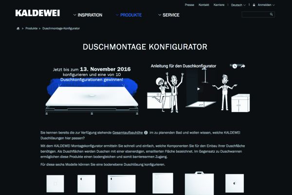 Das Bild zeigt einen Screenshot des neuen Duschkonfigurators von Kaldewei, der Installateure bei der Planung einer bodenebenen Dusche unterstützen soll.