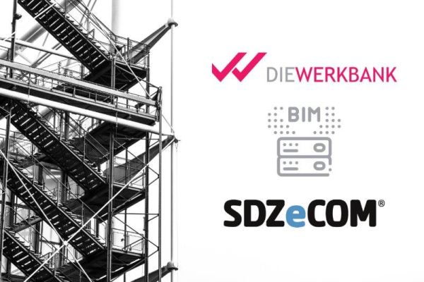 Collage aus dem SDZeCOM-Logo und Die Werkbank IT GmbH-Logo, einem Foto von Treppen und dem Wort BIM.