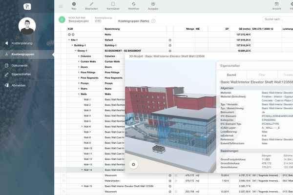 Screenshot einer Kostenplanung mit BIM 5D in NOVA AVA.