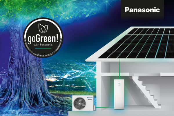 Collage aus einer PV-Anlage, einem Baum, einer Wärmepumpe und dem Panasonic Go Green-Logo.