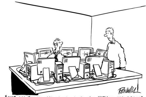 Cartoon mit einem Mann vor acht PC-Bildschirmen