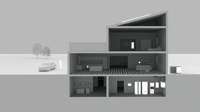 Schema eines Hauses mit Wärmepumpe und Fußbodenheizung.