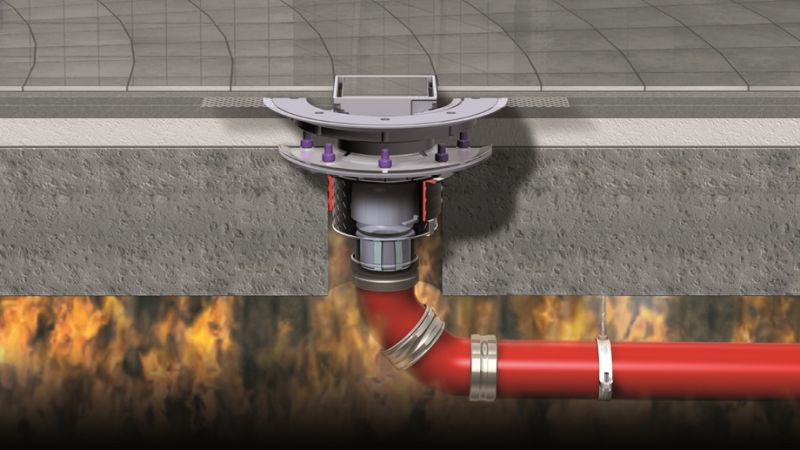 Im Brandfall stellen Wasserabläufe ein Risiko dar. Zum Schutz können Abläufe mit dem Brand- und Rauchgasschutzeinsatz „Fire-Kit“ ausgestattet werden.