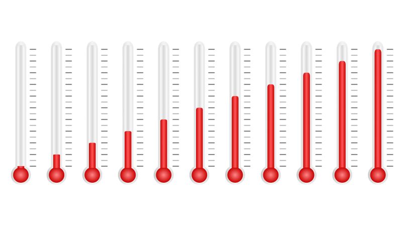11 Thermometer nebeneinander, jedes mit einer anderen Temperaturanzeige.