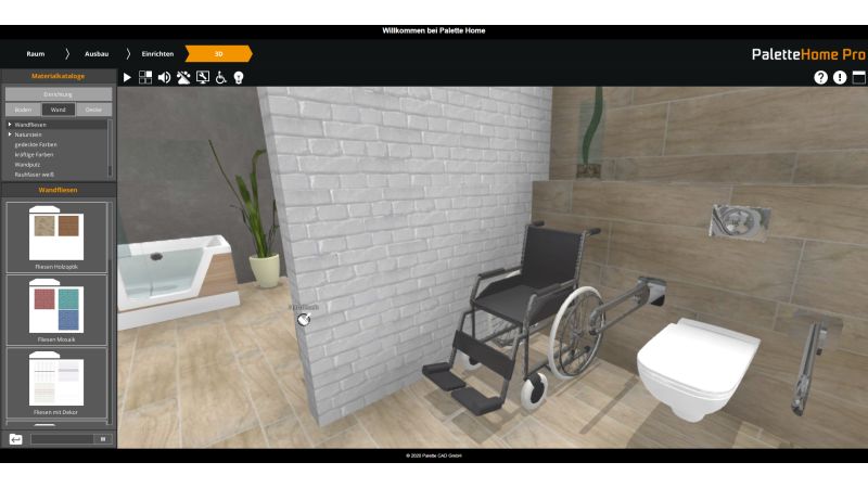 Das Bild zeigt einen Screenshot aus einer Badplanungs-Software, auf der ein rollstuhlgerechter Badbereich in 3D visualisiert ist.