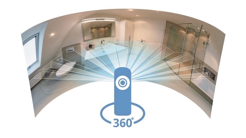 Mit einer 360°-Grad-Kamera können ganze Räume auf einmal fotografiert werden. Sowohl Bäder als auch Heizungen. Damit kann ein Handwerker seine Referenzen selbst fotografieren und in der virtuellen Ausstellung präsentieren. 
