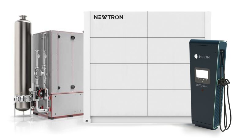 Abbildung Newtron-Konfigurationsbeispiel: BHKW mit einem Outdoor-Hochleistungsstromspeicher sowie einer Schnellladesäule für E-Mobilität.