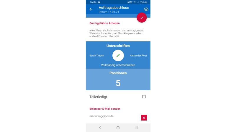 Screenshot Auftragsmaske pds-App für Kundenunterschrift