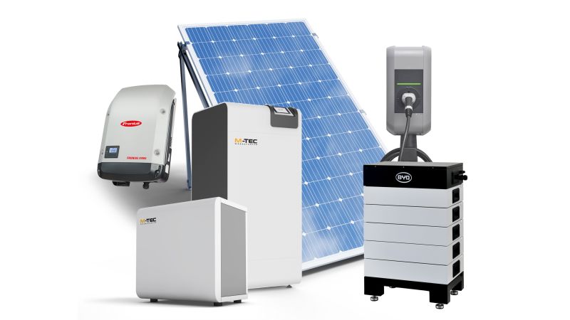 Abbildung: M-TEC bietet vorkonfigurierte Energielösungen für Sektorenkopplung an - unter anderem aus Wärmepumpen, PV-Anlagen, Stromspeichern und Ladetechnik für E-Mobilität.