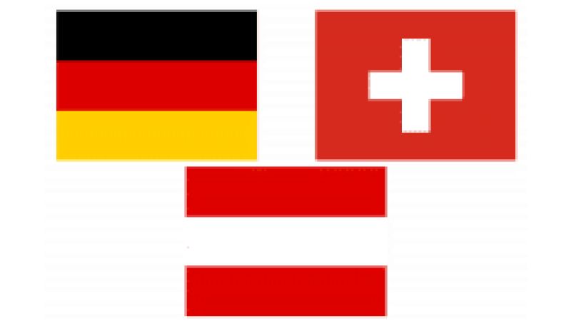 Das Bild zeigt die drei Flaggen von Deutschland, Österreich und der Schweiz. 