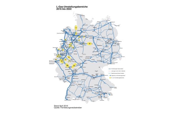 Deutschlandkarte mit den L-Gas-Umstellbereichen.