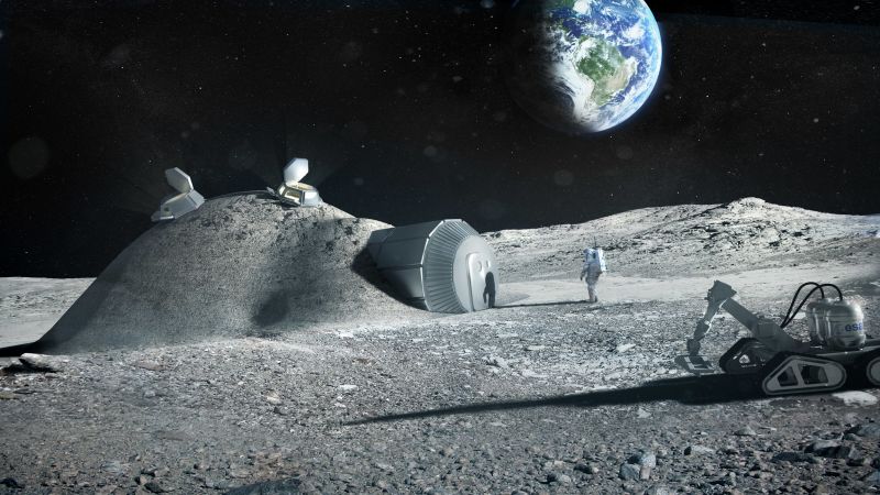Abbildung: Eine zukünftige Mondbasis könnte durch einen roboterbetriebenen 3D-Drucker (rechts) mit einer Schutzhülle aus lokalen Materialien versehen werden.