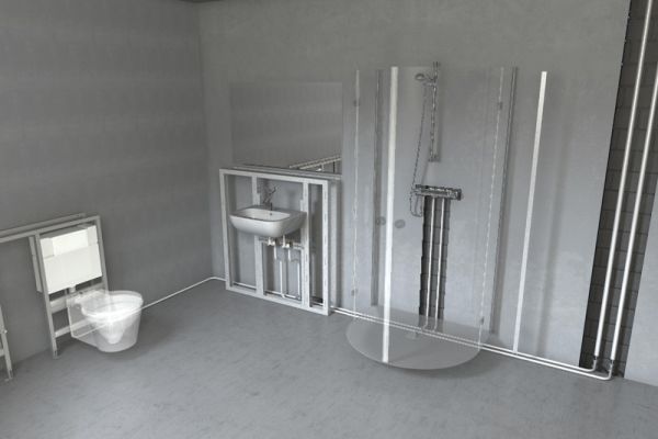 Das Bild zeigt ein Badezimmer, in dem das  Roth Trinkwasser-Installationssystem verlegt wurde.