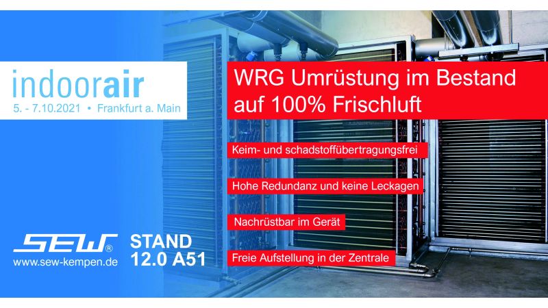 Werbeflyer für die Indoor-Air Messe 2021 - Aussteller SEW GmbH.
