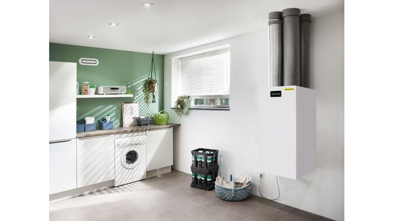 Das Bild zeigt eine Waschküche mit dem neuen KWL-Gerät der Fränkischen.