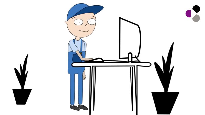 Das Bild zeigt einen gezeichneten Handwerker am PC.