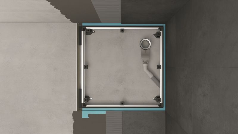 Normgerechte Abdichtung des Duschbereichs mit dem Einbausystem „Universal“. Das Dichtvlies wird in die Dicht-ebene unterhalb der Wand oder Bodenfliese eingearbeitet und am Wannenrand angeschlossen.