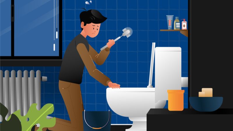 Das Bild zeigt eine Grafik mit einem Mann, der eine Toilette putzt.