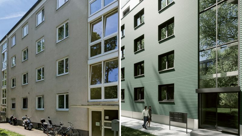 Das Bild zeigt ein Gebäude vor und nach der Sanierung.