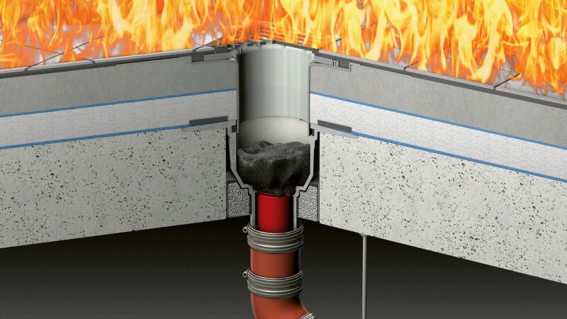 Das Bild zeigt den ACO-Bodenablauf „Passavant“ nach Verschluss des oberen Brandschotts.