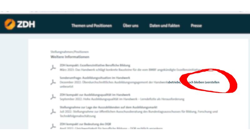 Screenshot: Der ZDH hat es auf seiner Homepage auf den Punkt gebracht: Das läuft einfach nicht, in der Branche, mit der Besetzung der Lehrstellen. Es bleiben definitiv Leerstellen ... 