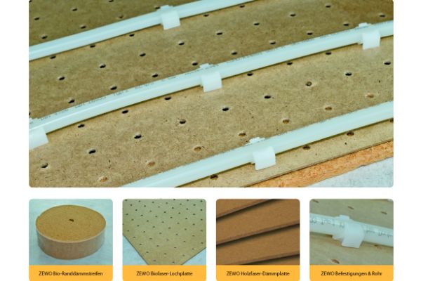 Biofaser-Lochplatte für Fußbodenheizungen aus gepressten Holzfasern.