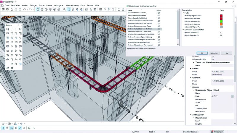 Die TGA-Planungssoftware DDScad ermittelt auf Wunsch automatisch den kürzesten Weg, den eine elektrische Leitung über ein Verlegesystem vom Verteiler zum Verbraucher nehmen kann. Eine Berechnungsfunktion für den Füllungsgrad von Kabelbahnen (im Bild), Kabelkanälen und Leerrohren zeigt zudem, ob diese ausreichend dimensioniert sind.