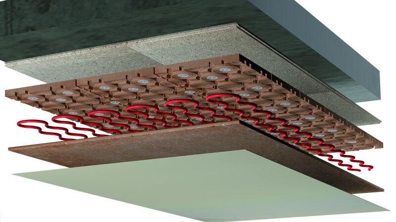 Typischer Aufbau der lehmbasierten Decken- und Wandheizung mit OSB-Platte, Lehm-Systemplatte, Rohren, Lehmputz und Lehmfarbe.