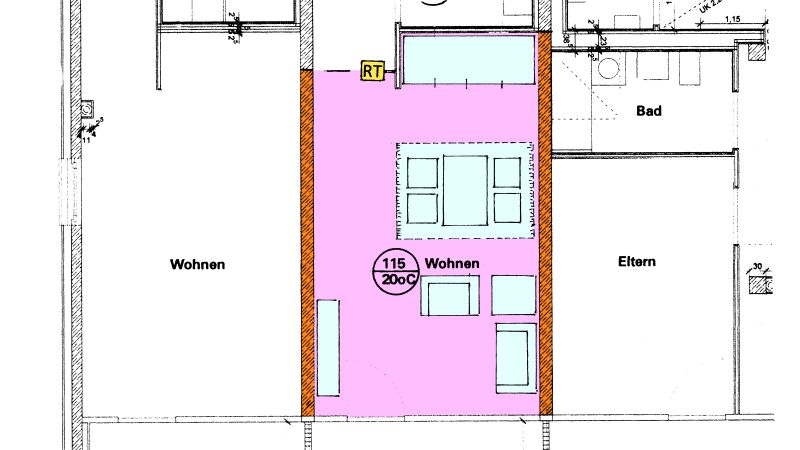 Beispielhafter Wohnungsgrundriss: Wohnungstrennwände (orange), wärmeabgebende Bodenfläche (rot), Flächen mit behinderter Wärmeabgabe (hellblau).