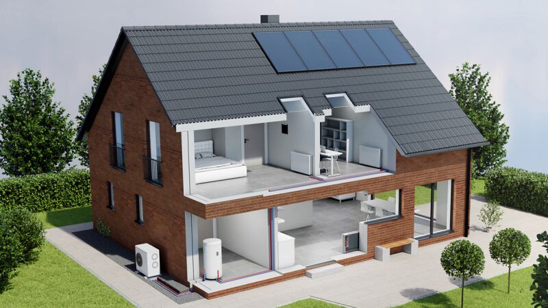Einfamilienhaus mit Luftwärmepumpe und Wärmepumpenheizkörpern „PowerKon LT“ sowie solarer Stromversorgung.