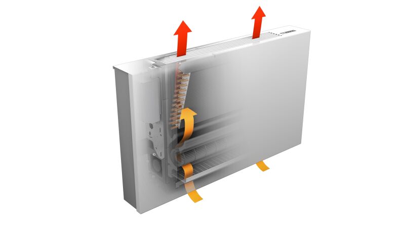 Die Wärmeleistung des „PowerKon LT“ (im Bild dargestellt die Heizfunktion) liegt je nach Baugröße und Schaltstufe zwischen 784 und 2.850 W. Im Falle einer Kühlfunktion liegt die Kühlleistung zwischen 629 und 2.485 W.