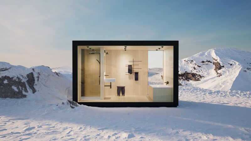 Das Bild zeigt ein Badezimmer in einer Schneelandschaft.