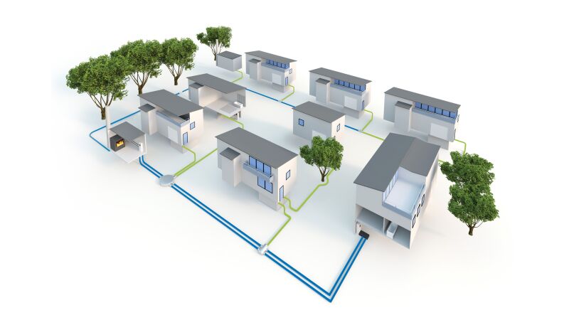 Alle Gebäude im Quartier werden über ein Nahwärmenetz von einem zentralen Blockheizkraftwerk energieeffizient versorgt.