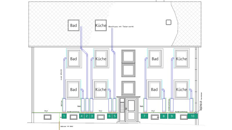 Nord-Ost-Seite des Hauses. Planzeichnungen für die Luftleitungsführung
(blau, schmalere Abschnitte) der umgesetzten raumweisen Lüftung. Im Sockelbereich sind die dezentralen Lüftungsgeräte (blau, breitere Abschnitte) angeordnet. SZ = Schlafzimmer, WZ = Wohnzimmer.