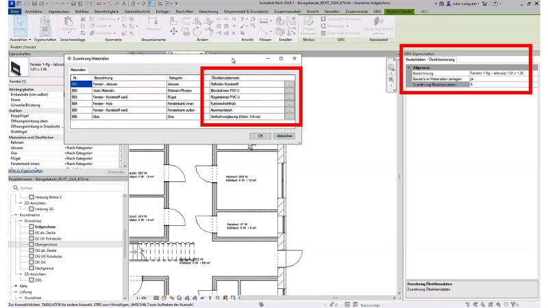 Zuordnen von Datensätzen der „ÖKOBAUDAT“ auf Kategorien von „Revit“-Bauteil-Familien in der „Revit“-Oberfläche.