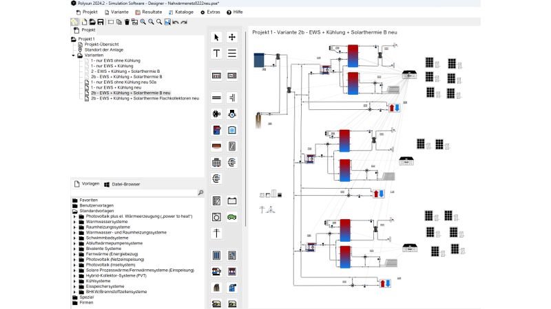 Variantenvergleich für die Quartiersversorgung mit der Software „Polysun“.