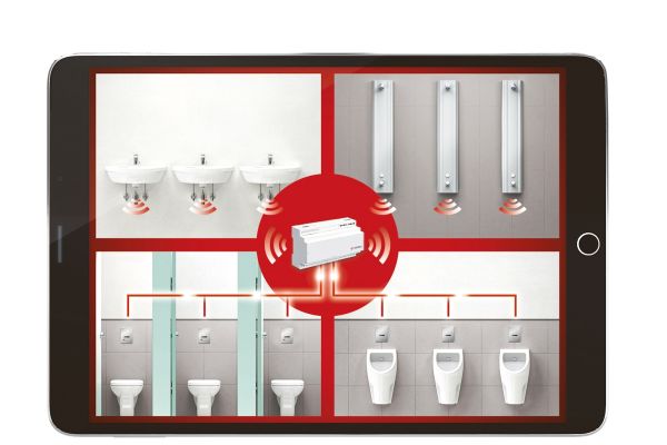 Das neue „eSchell“-Wasser-Managementsystem ermöglicht den vernetzten Betrieb von Schell-Waschtisch-, Dusch-, WC- und Urinalarmaturen und es lässt sich in übergeordnete Netzwerke der Gebäudeleit-technik einbinden. 