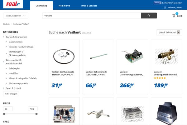 Das Bild zeigt einen Screenshot der Real-Homepage mit Vaillant-Angeboten.