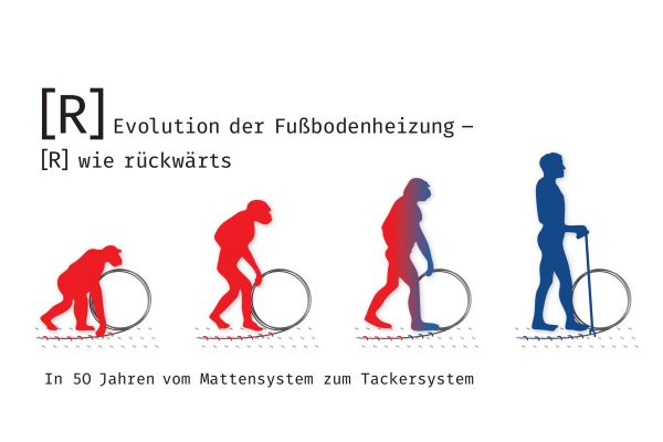 Das Bild zeigt ironisch die Entwicklung der Fußbodenheizung vom Matten- zum Tackersystem.