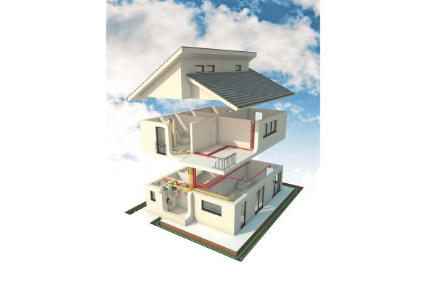 Grafik eines Hauses mit kontrollierter Wohnungslüftung.
