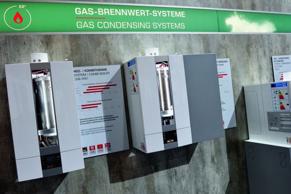 Die Themenwand Gas-Brennwert-Systeme auf der ISH 2017.