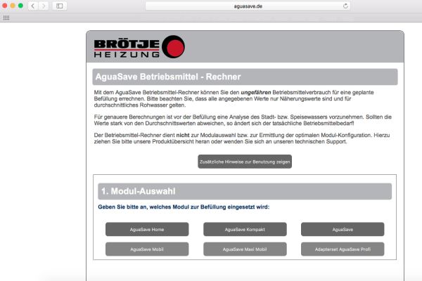 Screenshot des Online-Betriebsmittelrechners für die Betriebsmittelmenge in Heizungsanlagen.