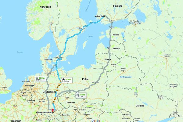 Eine Landkarte mit einer eingezeichneten Route zwischen Vallox, Finnland und Dießen, Deutschland.